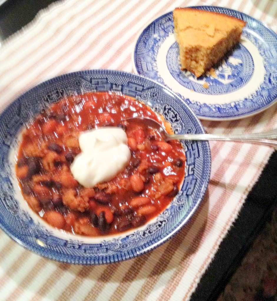 Bowl of Black Bean Chili and cornbread