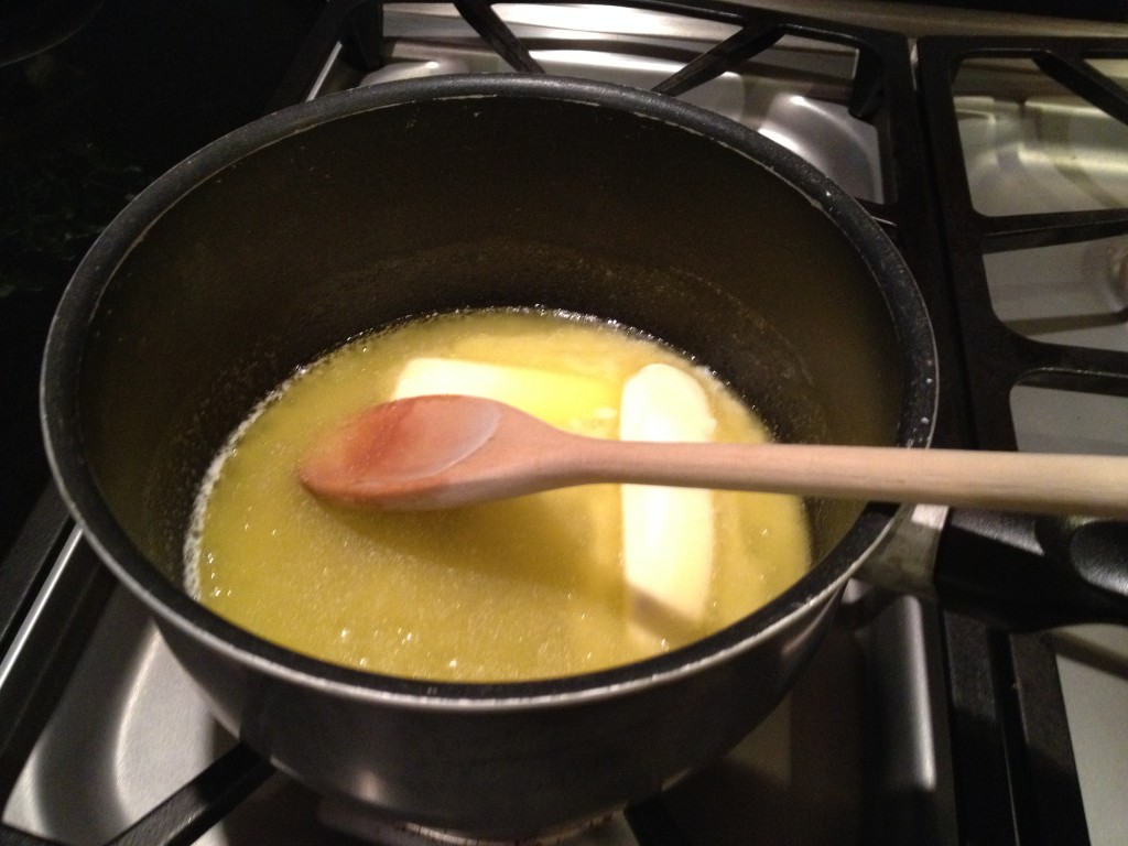 Butter and sugar melting.  When it start to boil: boil for 3 minutes -  Tidbit Tip: Use a non-stick pot.