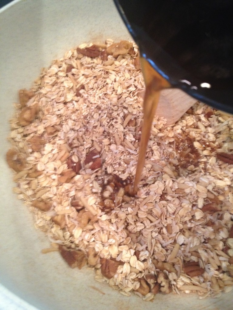 Pour liquid over dry ingredients and mix well.