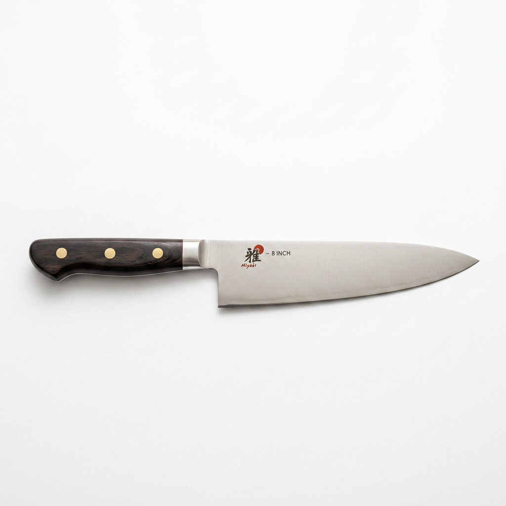 8-inch Miyabi chef's knife with black handle on wooden cutting board